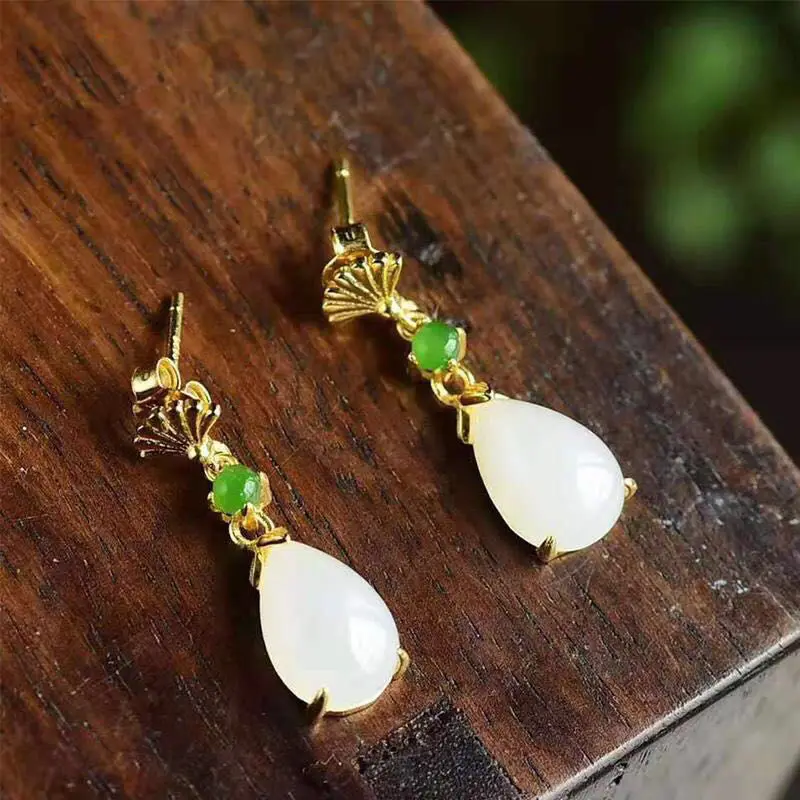 

Water Drop Jade Earrings Natural Hetian Jade Earrings Short Retro High-End Versatile Simple Jade Earrings for Women