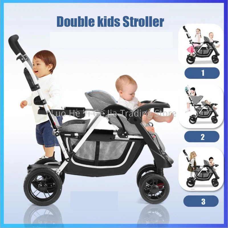 Double Kids Sit/Stand Stroller With Rain Cover, Fold Pram For 2 Baby, 4 Color Available