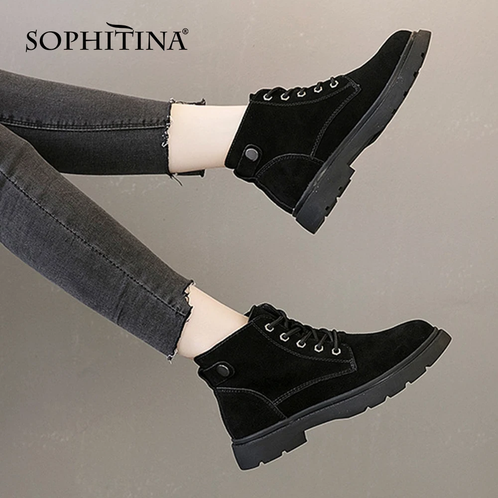 spesifikasi Sepatu Bot Wanita SOPHITINA Kulit Sapi Gaya Inggris Sepatu Modis Pendek Berenda Sepatu Bot Pergelangan Kaki Wanita Baru Buatan Tangan Antiselip Datar HO538