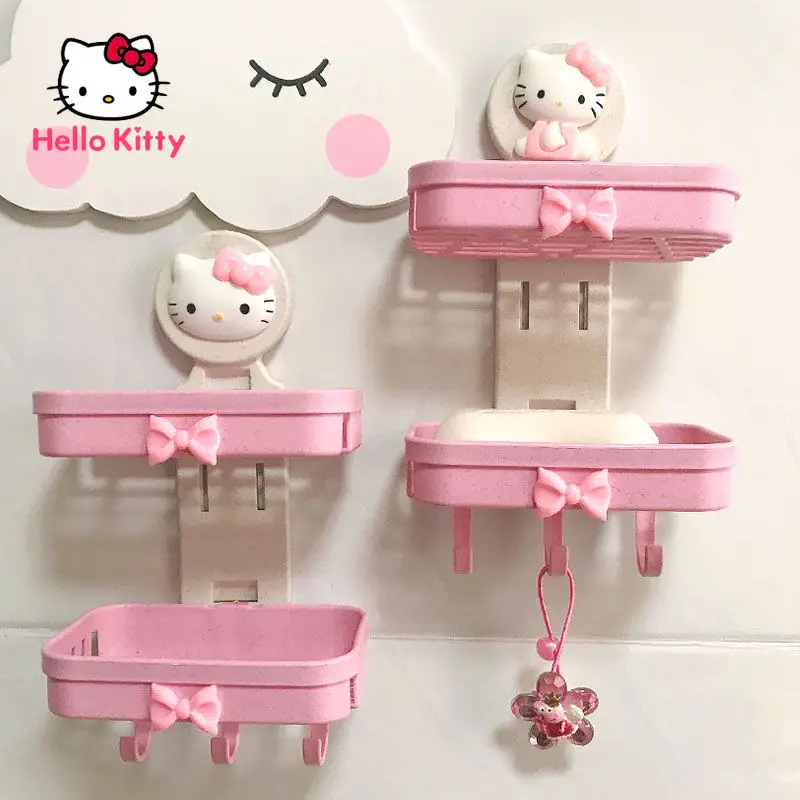 TAKARA TOMY Hello Kitty Cute Creative Wall-mounted Non-perforated Soap Box Holder Double Drain Wall-hung Soap Holder
