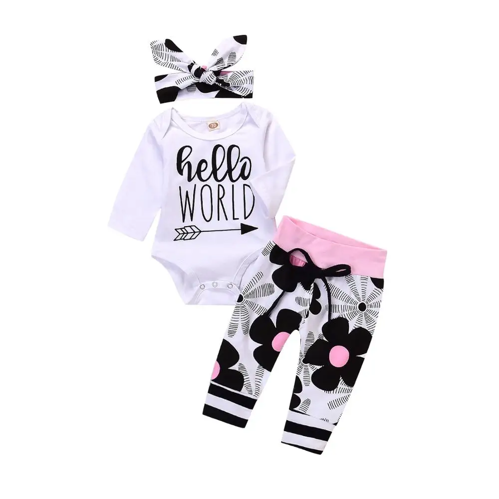 Newborn Baby girl clothes sets Letter printed Hello World Tops Romper+floral Pants+Hat 3PCS Infant boy girl clothing outfit sets