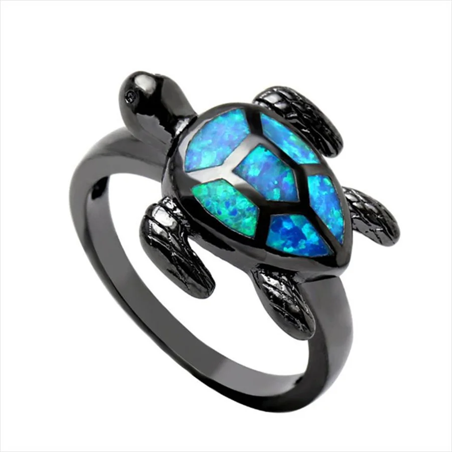 

New Ladies Blue Tortoiseshell Fire Opal Ring Suitable For Female Black Jewelry Engagement Animal Design Finger Jewelry Gift