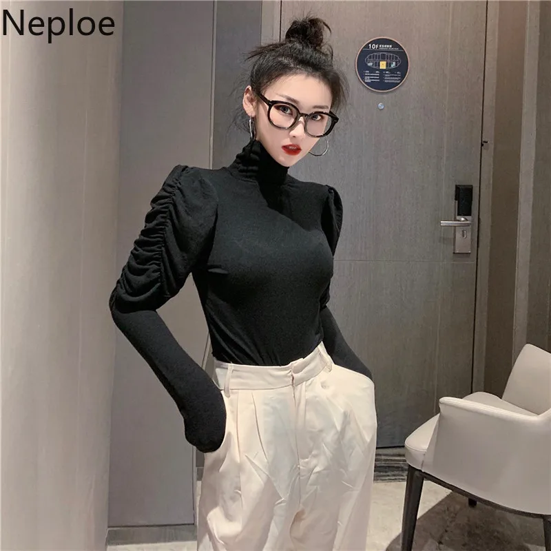 Neploe Turtleneck Solid Pleated Puff Long Sleeve Bottom T Shirt Fashion Slim Fit Autumn Spring 2020 New Tees Soft Wild Lady Top | Женская