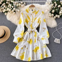 long sleeve floral print shirt dress women stand collar beach dress 2022 autumn elegant single breasted work wear dress yellow