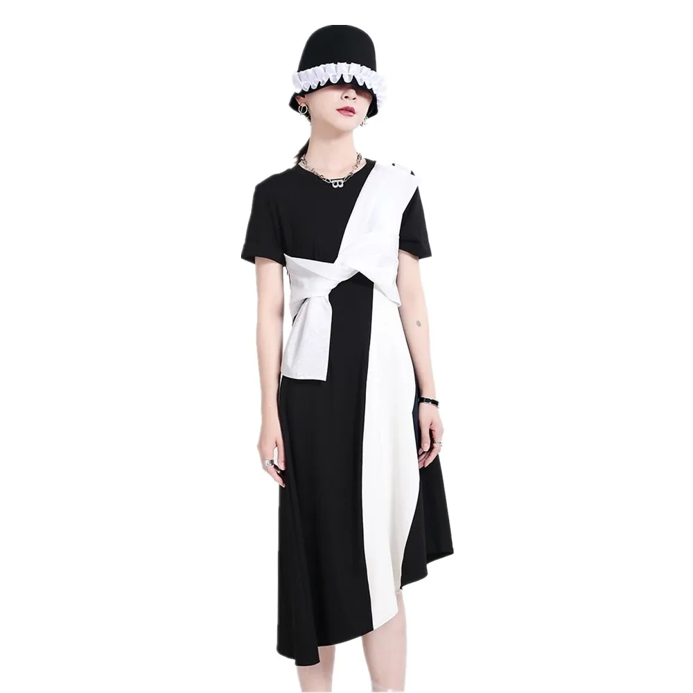 

Contrasting color big bow dress irregular round neck short sleeve dress women