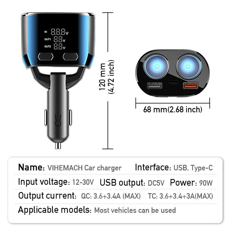 Разветвитель для прикуривателя двойной USB 12-30 в 27 Вт 18 PD-порт |