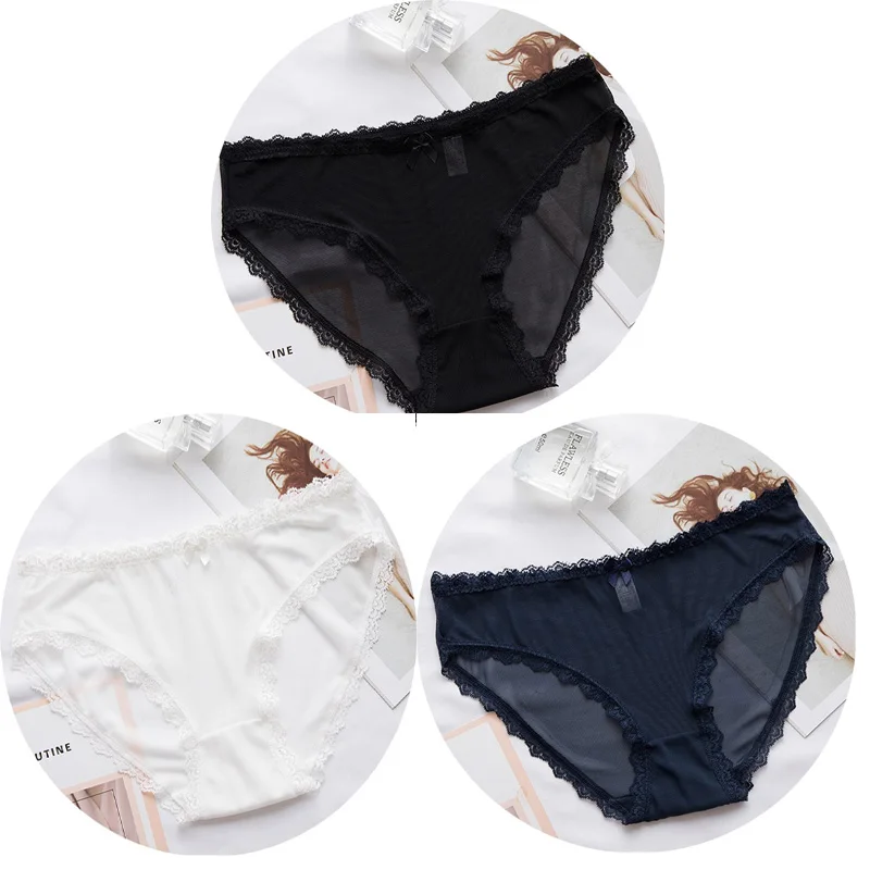 Black Blue White 3 шт Сексуальные Кружевные Трусики бесшовное женское нижнее белье трусы нейлоновая сетка для дам тонкое хлопковое прозрачное белье - Цвет: Black Blue White