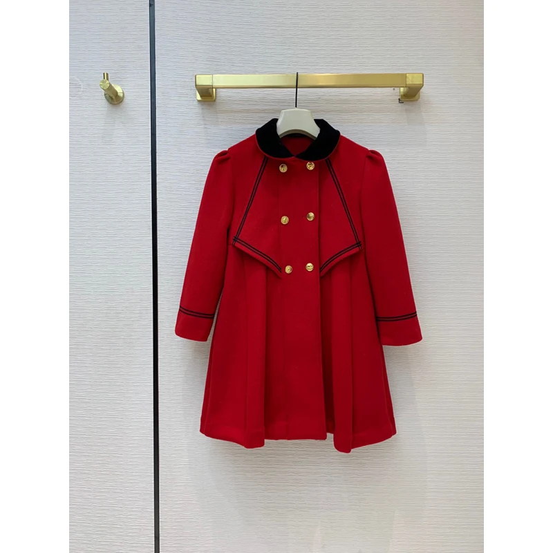 

Quality 11.20 High End Fashion Vintage Red Wool Coat Women Doll Collar Double Breasted Bow Decoration A-line Outerwear Overcoat