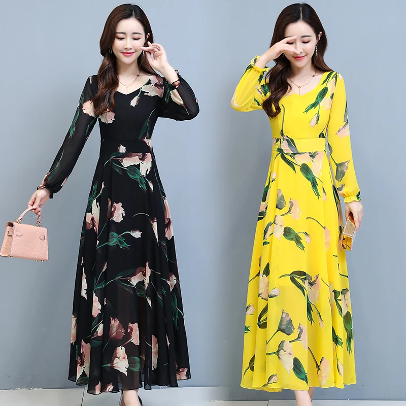

Autumn Winter Vintage Plus Size Boho Dress Floral Chiffon Long Sleeve Casual Beach Dress 2022 Women Bodycon Party Maxi Vestidos