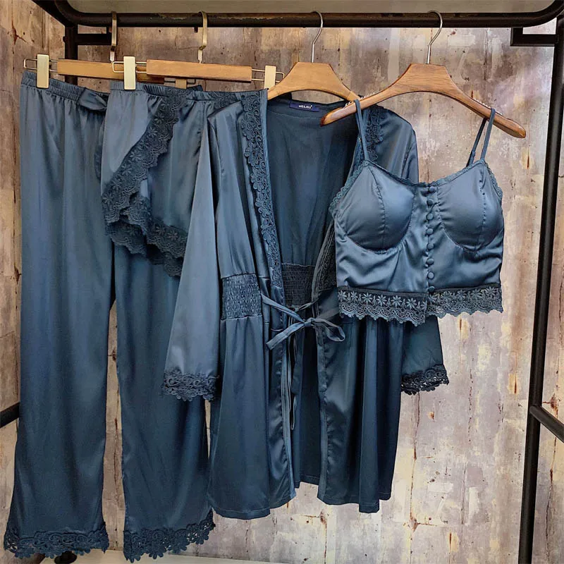 grey blue Пижамы женские кружевные шелковые пижамы с имитацией из четырех частей женские весенние и осенние одноцветные пижамы для дома - Цвет: grey blue