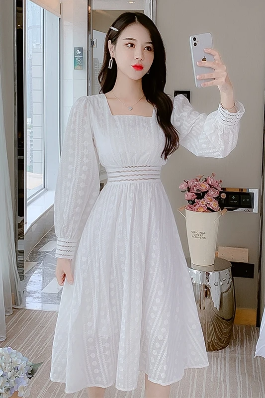 

COIGARSAM French Style Full Sleeve Women dress High Waist Dresses White 3659