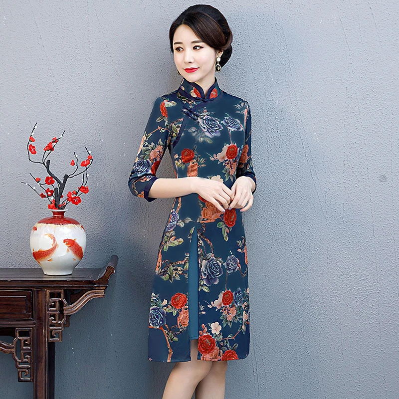 Модное китайское Стильное Платье До Колена Cheongsam, Новое поступление, женское шифоновое платье, элегантное платье Qipao Vestido, Размеры S M L XL XXL XXXL 189685