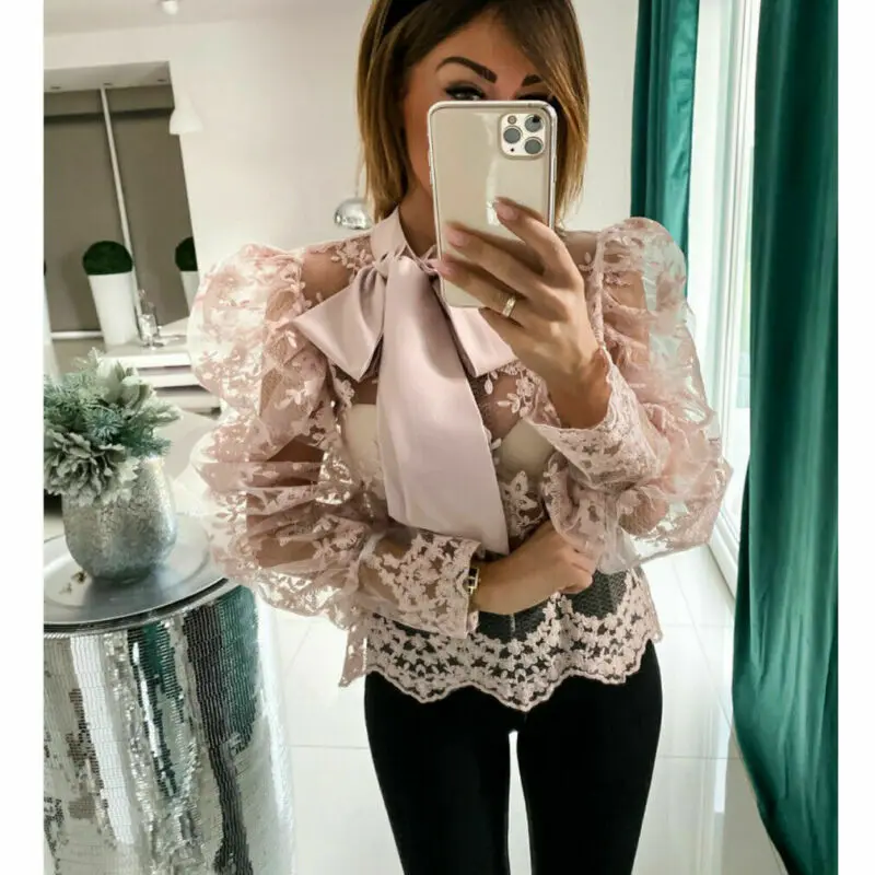 Элегантная Женская Вышивка Bkouse модная кружевная прозрачная однотонная блузка с