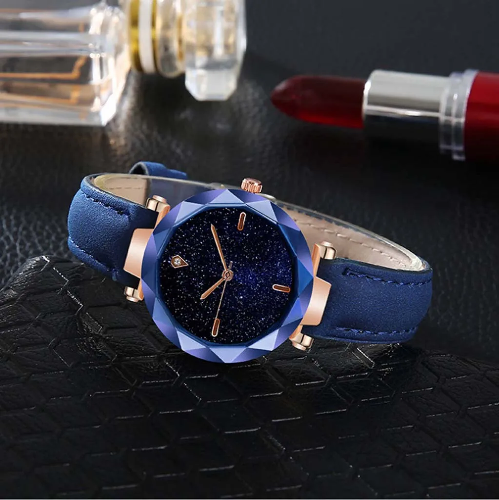 

Simple And Stylish Luxurious Starry Watch Dial Convex Mirror Leather Strap Watch Luxury Wristwatches Women Sports Dress Clock