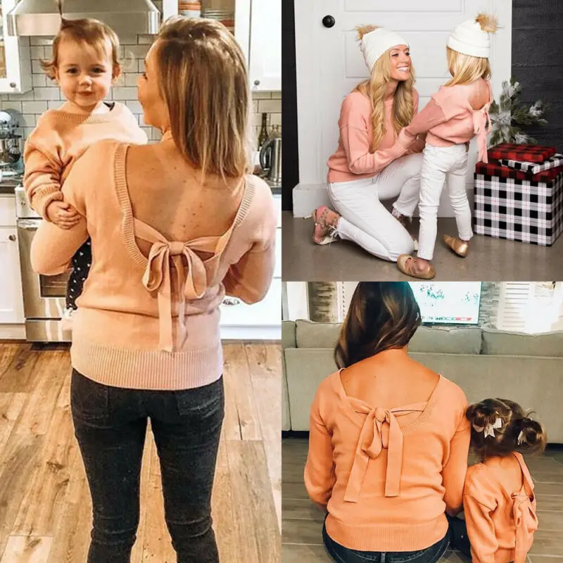 Осень 2019 одинаковые комплекты для семьи Зимний вязаный теплый свитер мамы и