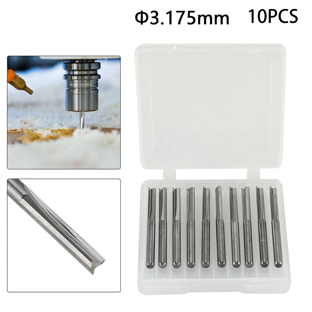 

10pcs Milling Cutters 3.175mm 2 Flute Steel End Mill CNC Router Bits For Wood Cutting CNC Engraving Removing Chips