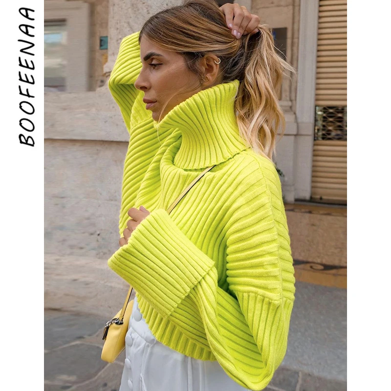 

BOOFEENAA Turtleneck Cropped Sweaters Sexy Streetwear 2021 Winter Women Clothing Knitted Long Sleeve Top Pullovers C69-EC39