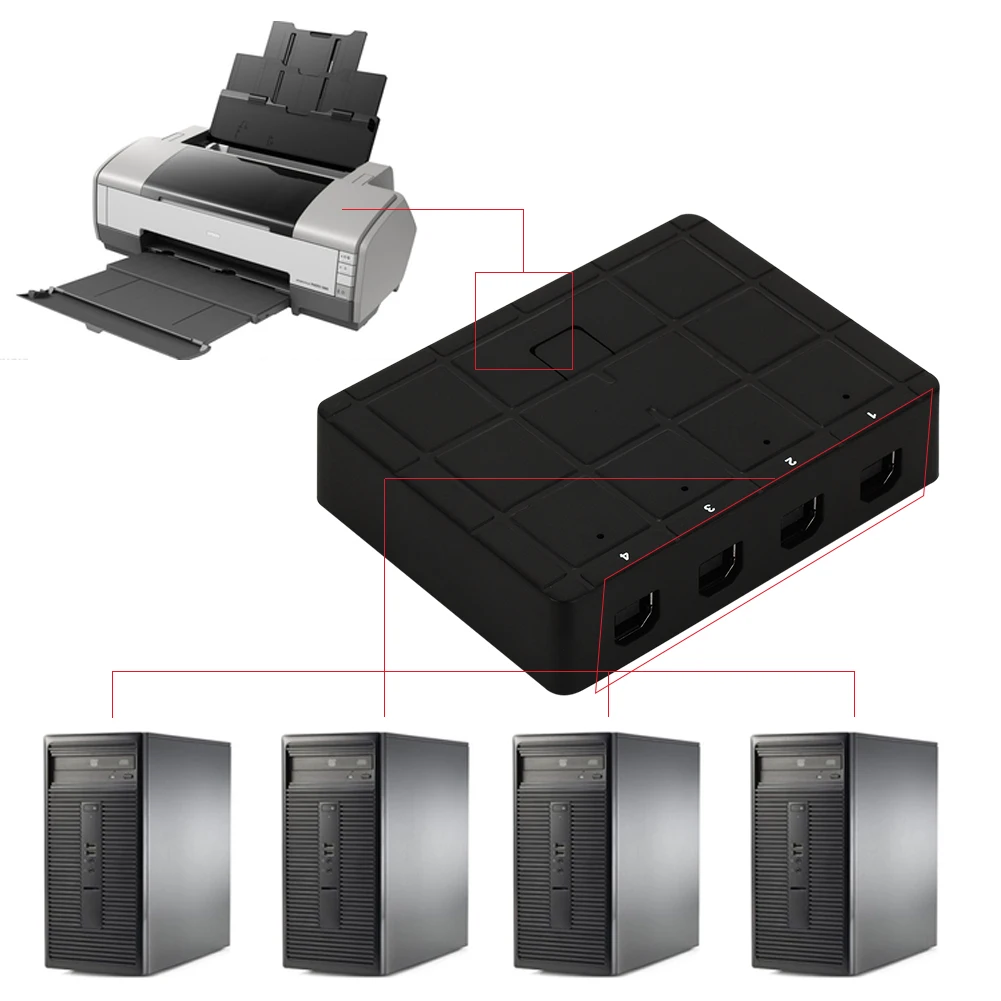 Коммутатор на 4 порта для совместного использования принтера USB 2,0, автоматическое переключение, разделитель Plug and Play для принтера, сканера