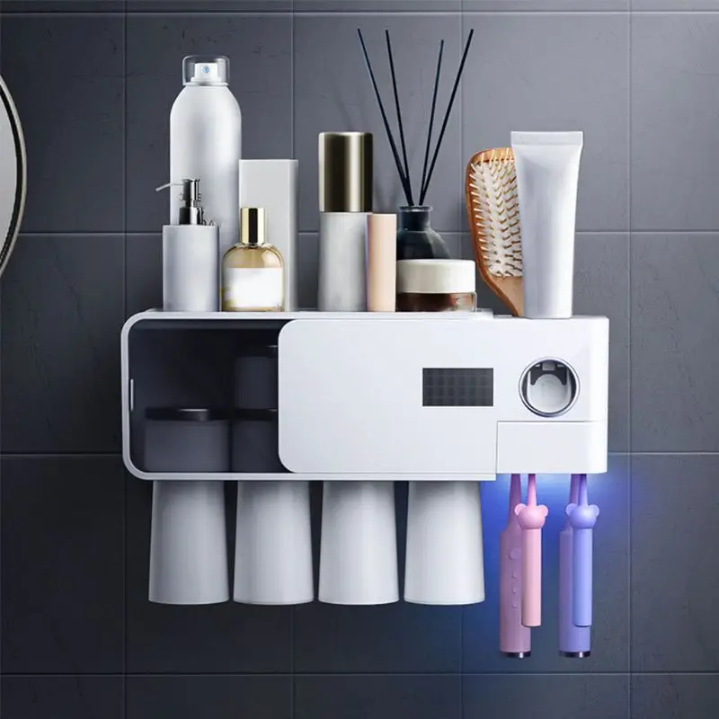 

Bathroom Wall-mounted Toothbrush Holder Space Saving Automatic Toothpaste Dispenser 4 Cups and Drawers Cosmetic Storage