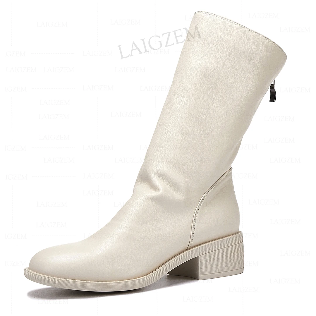 

LAIGZEM Quality Women Short Boots Full Genuine Leather 4.5CM Block Heels Boots Comfortable Female Shoes Woman Big Size 36 38 49