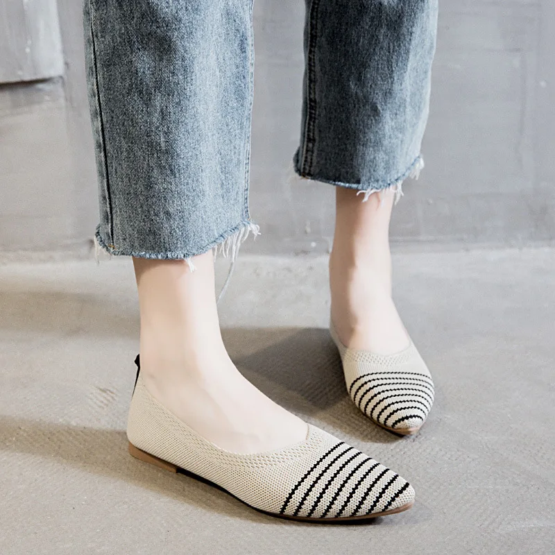Woman Autumn Summer Breathable Knit Pointed Toe Single Shoes Women's Flat Shoes Casual Shallow Peas Shoes Girl Soft Ballet Shoes