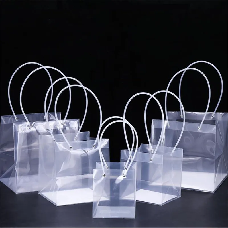 

PP Transparent Square Plastic Bag Fresh Flower Bunch Plant Flower Bag Wedding Product Gift Bag Cake Bag with Long Handle 5pcs