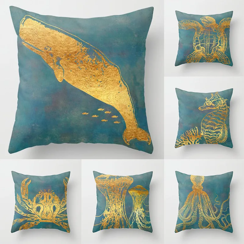 

Yaapeet 1pc Golden Cushion Decorative Polyester Marine Life Pattern Cushion Cover Brief Turtle Printed Throw Pillow Case
