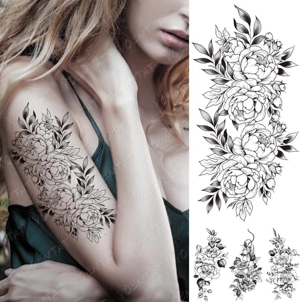 

Waterproof Temporary Tattoo Stickers Peony Flower Black Flash Tattoos Female Minimalist Line Body Art Arm Thigh Fake Tatto Male