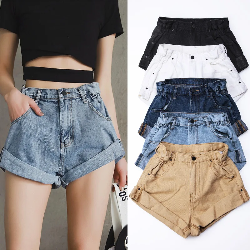 

Shorts Women Summer Denim High-waist Solid Crimping Slim A-line Wide-leg XL Pockets Korean-style Leisure Streetwear Womens Chic