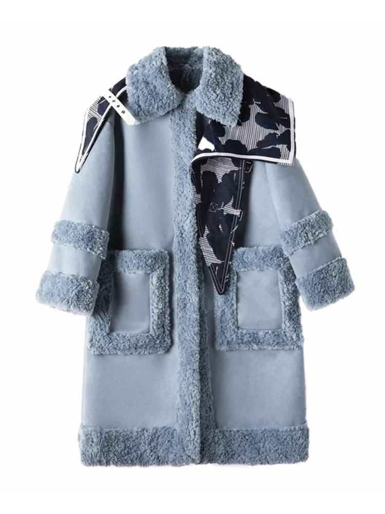 

Jacquard Shawl Two-sided Fog Blue Loose Long Coat for Woman