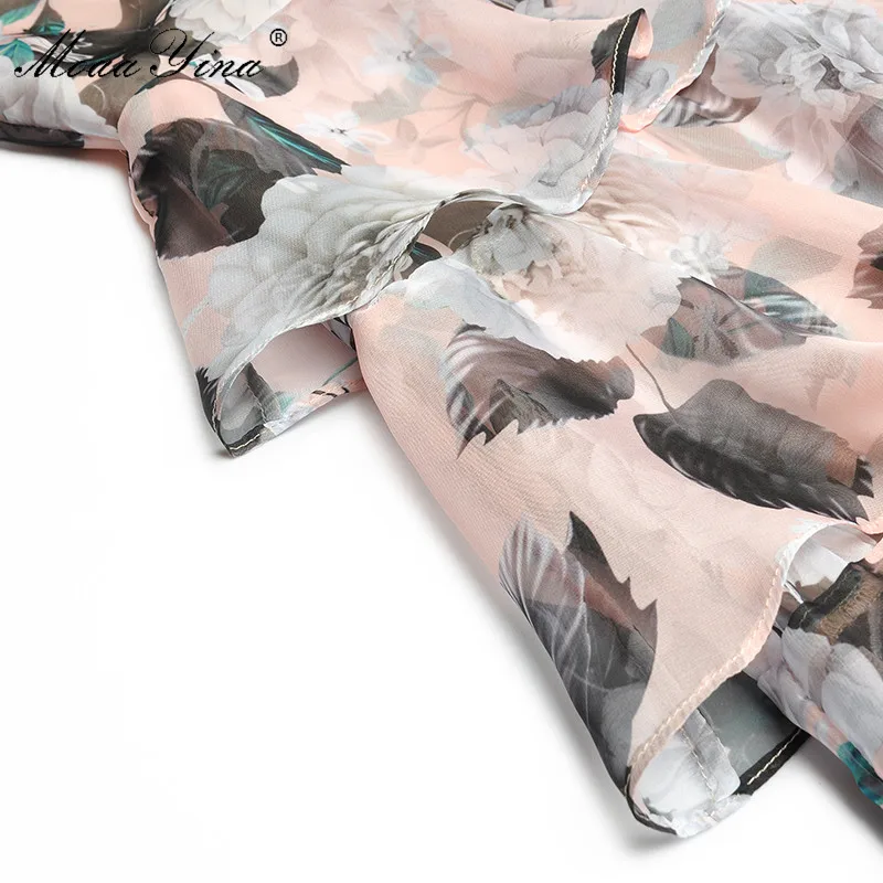 

MoaaYina Fashion Designer Dress Summer Women Stand collar Short sleeve Floral Print Cascading Ruffle Dress