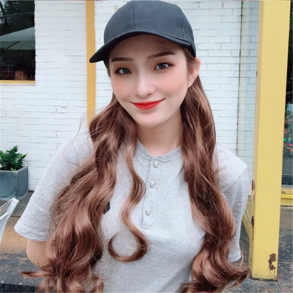 New Long Synthetic Baseball Cap Wig Natural Color Curly Wigs Naturally Connect Synthetic Hat Wig Adjustable For Girls Women