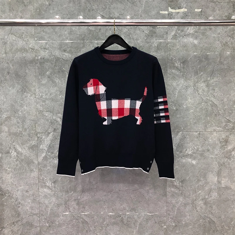 TB THOM Men's Sweater Fashion Brand Coat Dog Crepe Buffalo Check Jacquard Hector Graphics 4-BAR Pullover Navy TB Sweaters