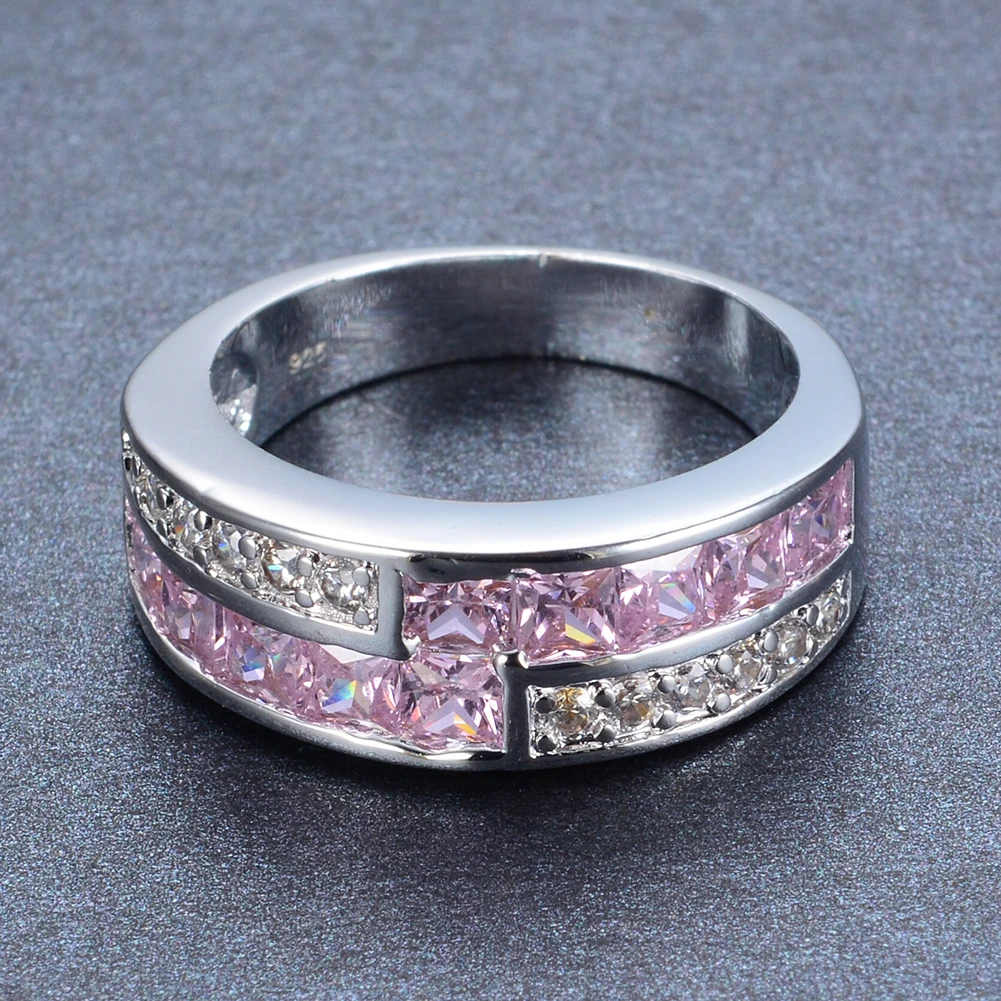 

Trendy Female Pink Crystal Stone Ring Charm Silver Color Thin Wedding Rings For Women Cute Bride Geometry Zircon Engagement Ring