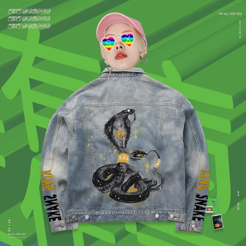 Bomb Coat Single-Breasted Hip hop creative hand drawn snake doodle vintage Fashion Unisex style denim jacketet |