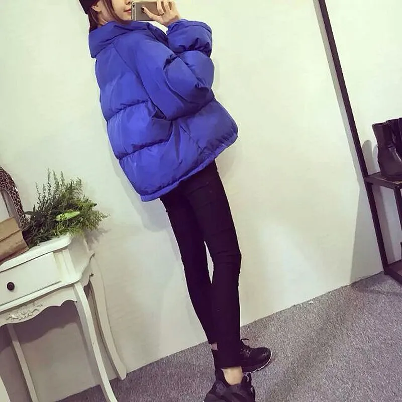 Женская зимняя коллекция 2019 куртка с воротником стойкой однотонная черная синяя