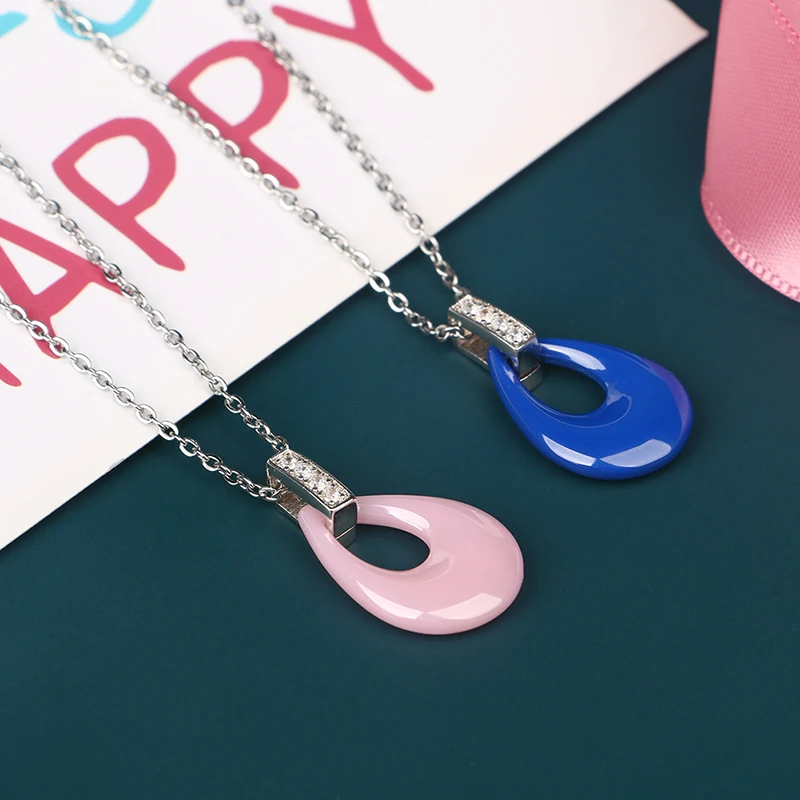 Ожерелье с подвеской в форме капли воды розового и синего цвета стальная цепочка