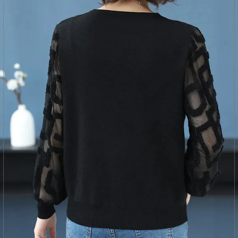 

Spring Chain Decoration Pullovers Elegant Knitted Jumper Tops Women Loose Chiffon Long Sleeve Patchwork V-Neck Ladies Knitwear