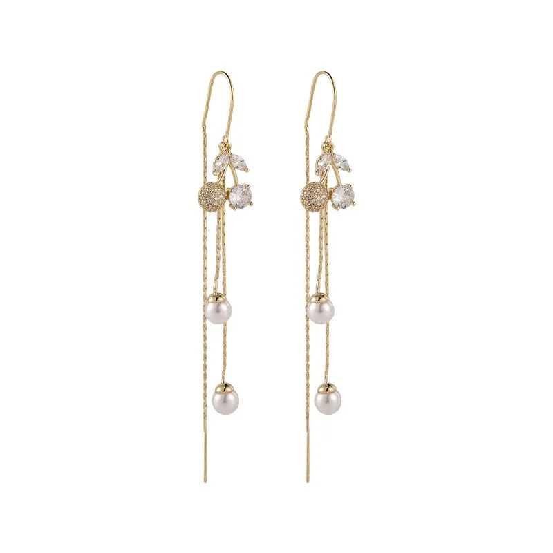 

Crystal Long Temperament Tassel Earrings Cherry Ear Line New Fashion Fairy Korean Fashion Show Face Thin Earrings Female Jewelry
