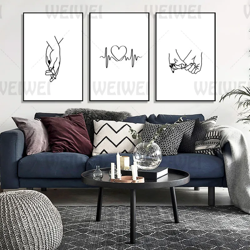 

Black and White Home Decoration Painting Simple Heartbeat Living Room Wall Canvas Poster Hand In Hand Bedroom Prints Pictures