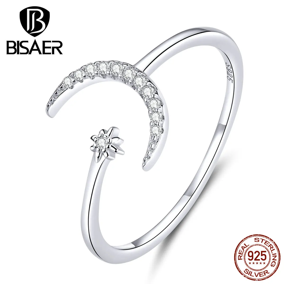 

Moon Jewelry BISAER Hot Sale 925 Sterling Silver Moon Finger Rings For Women Cubic Zircon Wedding Bridal Jewelry Anel ECR569