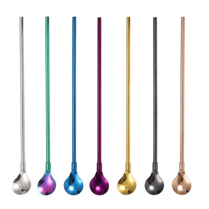 

7 Pcs Stainless Steel Straw Spoon Dual-Use Multi-Color Lengthened Stirring Straw Spoon Reusable Cocktail Spoon Straw