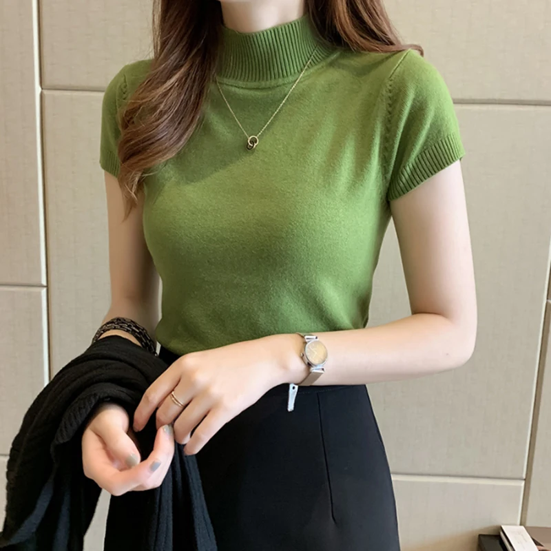 

T-shirt Women Fashion Knitted Short-sleeved 2020 Half Turtleneck Stretch Knit Tshirt Solid Casual Spring Tops Female Fall Shirts