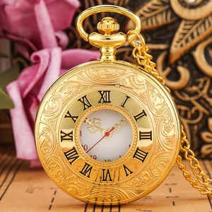 Royal Gold Roman Numerals Quartz Pocket Watch Hollow Case Steampunk Pendant Necklace Gifts for Men W