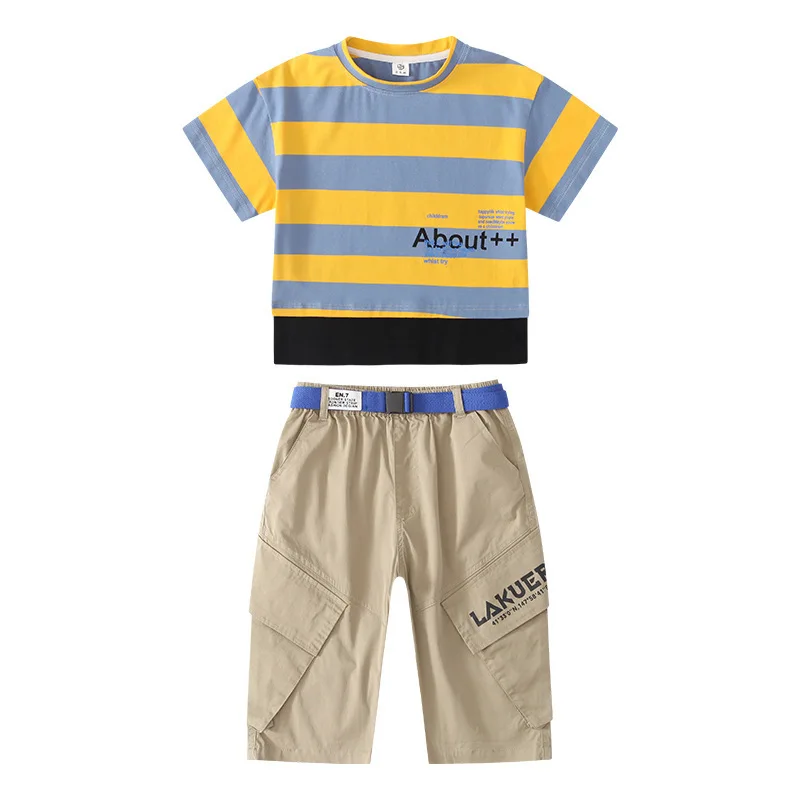

Boys summer clothesCasual suit 2020 Korean stripe short sleeve two piece set T-shirt cropped pants Alphabet Clothes for teenager