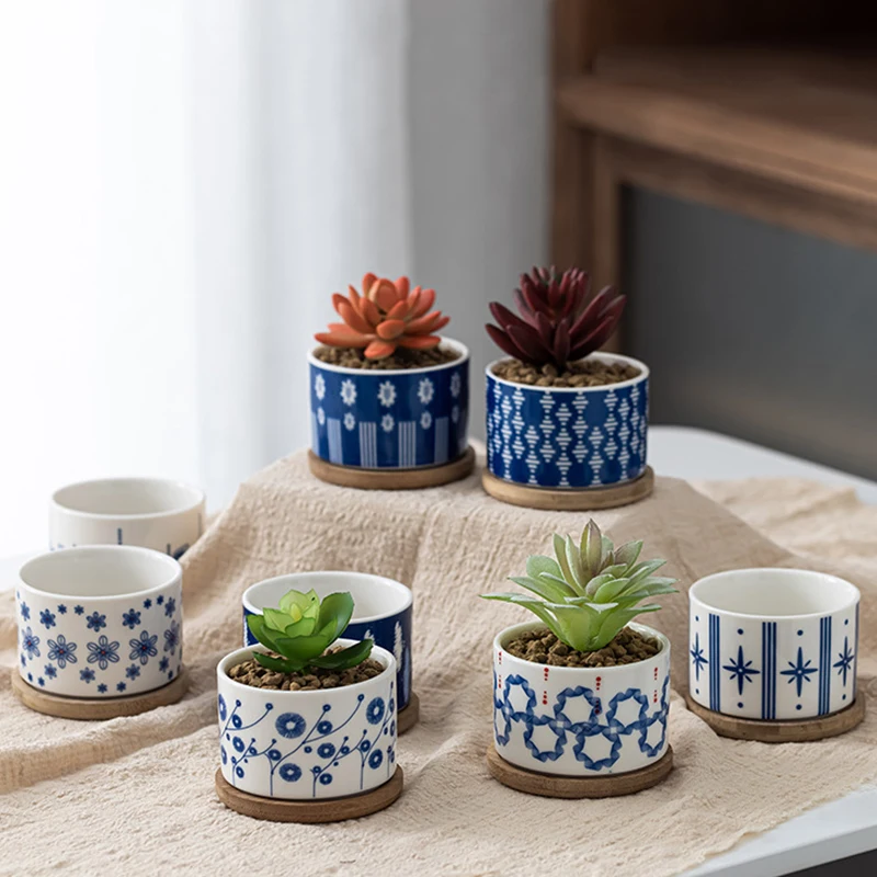 

Japanese Blue Ceramic Succulent Round Flower Pot Straight Green Plant Potted Desk Ornament Home Balcony Creative Gardening