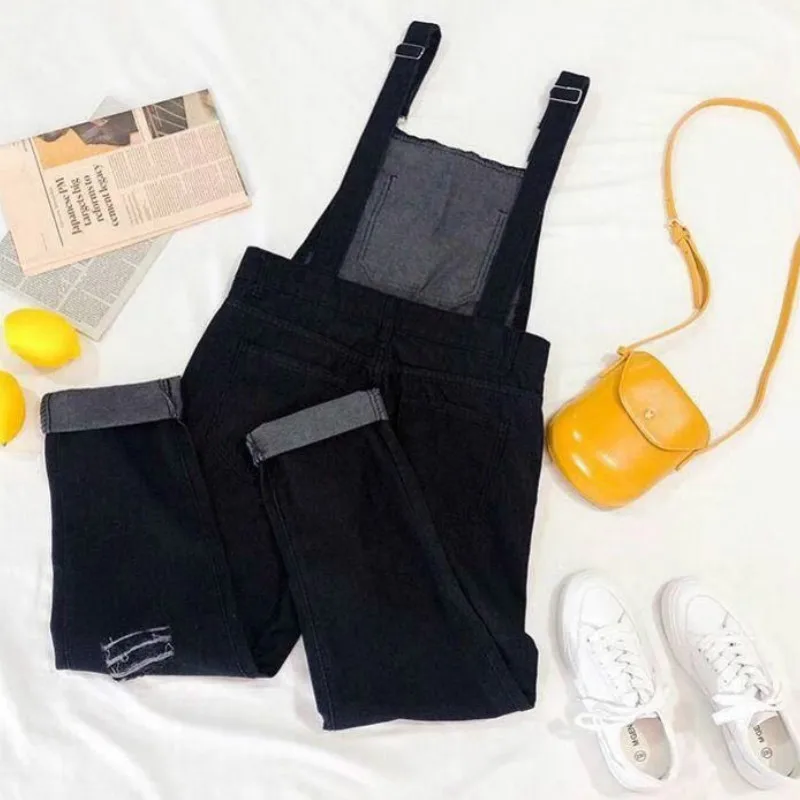 Jumpsuits Women Hole Pocket Korean Style Chic All-match Streetwear Leisure Solid Soft Casual Denim Womens Daily New Fashionable |