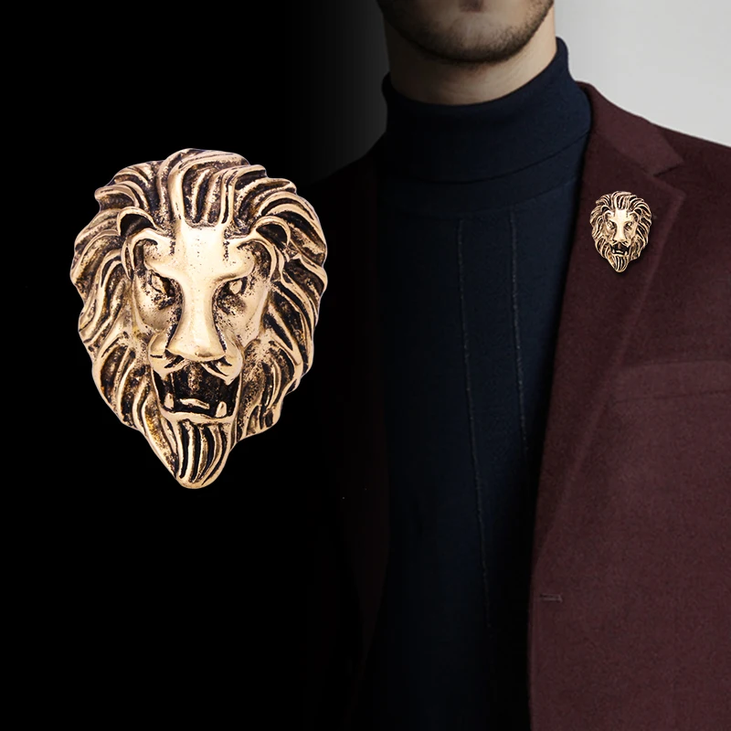 Vintage Jewelry Lion Head Brooches Rhinestone Zinc Alloy Animal Brooch Pin Men's Suit |