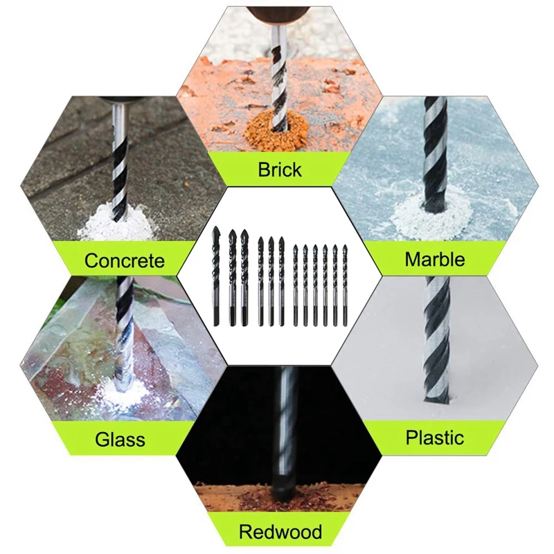 

12Pcs Multi Purpose Carbide Tip Drill Bit Set Special Pear Head Drill Bits For Tile, Concrete, Brick, Glass, Ceramic, Plastic An