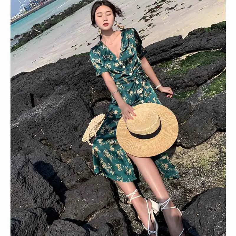 

One-Piece Korean Dress 2020 Spring Summer Women Floral Print Dress Slim Boho Vacation Beach Dress Vintage Elegant Runway Dresses